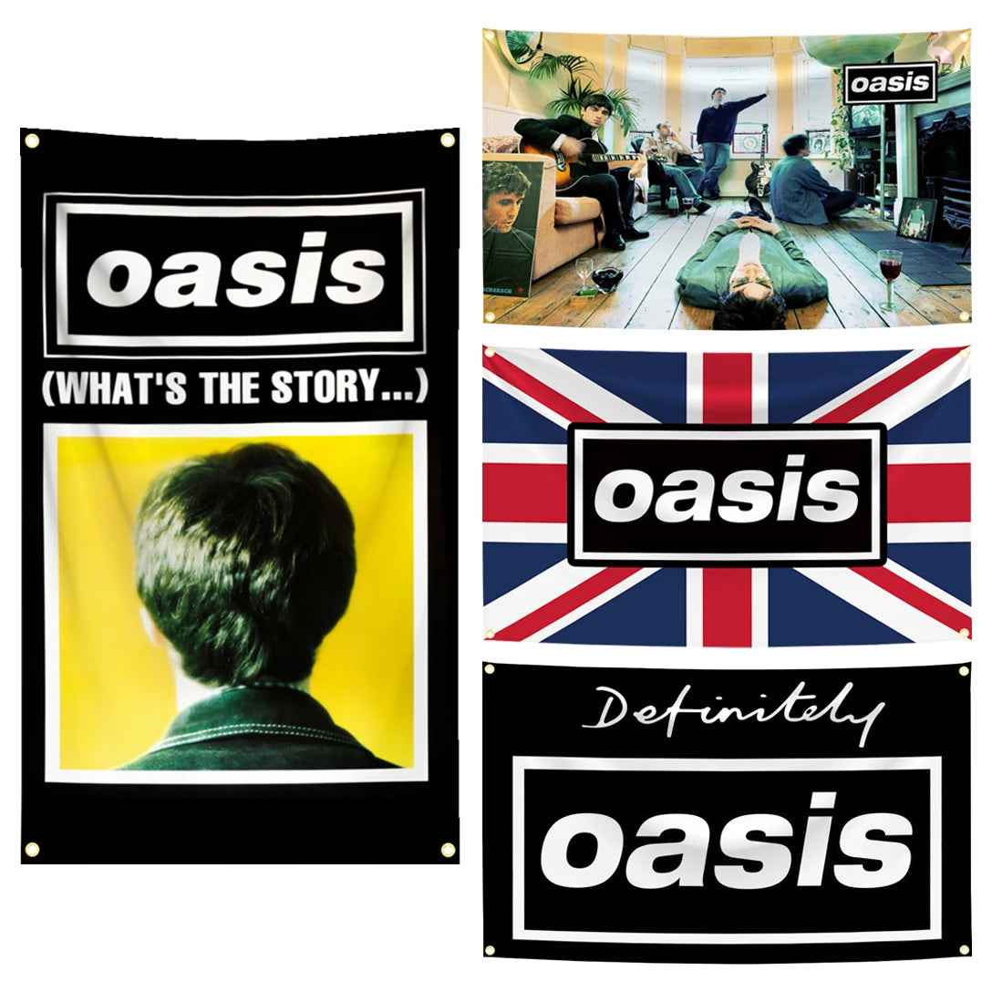 bannière rock vintage oasis logo union jack scène musicale noir rouge bleu