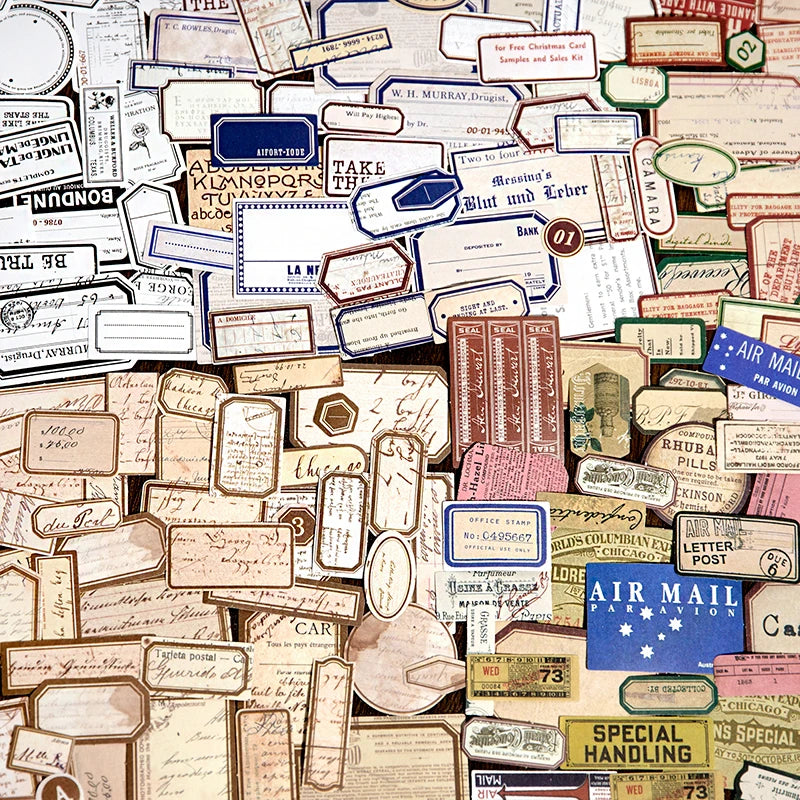 sticker vintage rétro étiquette postale lettres chiffres boîte carton illustrations manuscrites