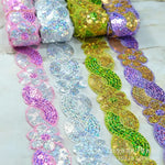 ruban décoratif dentelle sequins fleurs 4cm bleu vert rouge rose or argent partie