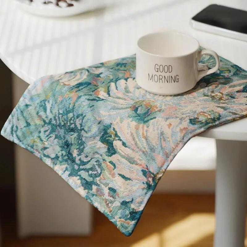 serviette table vintage fleurie polyestercoton couleurs vrb blanc tasse good morning