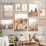 tableau decoratif boheme paysage fleurs toile beige nordique minimaliste echangable