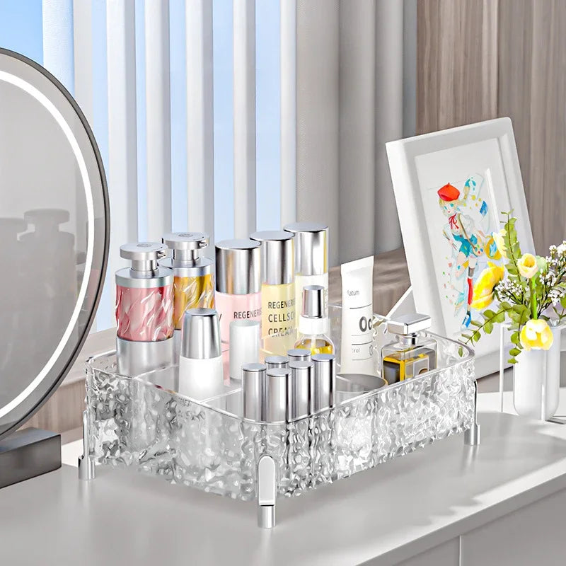 organisateur maquillage transparent moderne strass dorés pieds métalliques compartiment divisé fourre tout rechargeable pliable