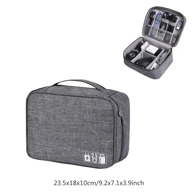 Sac bandoulière gris tissu uni pratique zipper bijoux accessoires chargeur câbles montres