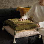 Housse coussin velours rose beige franges vintage 50x50cm lit salon décoration farmhouse élégante