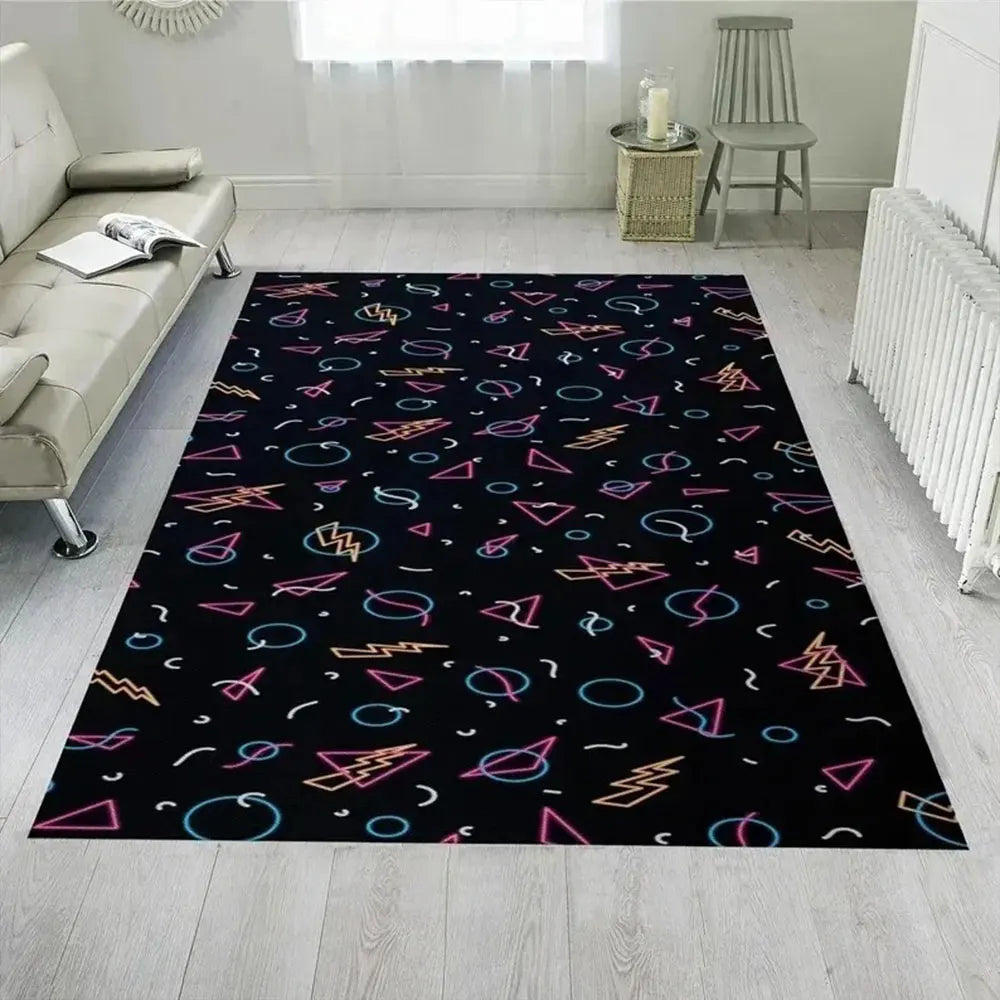 tapis noir multicolore motifs géométriques moderne rétro salon décoration 80x120cm polyester feutre