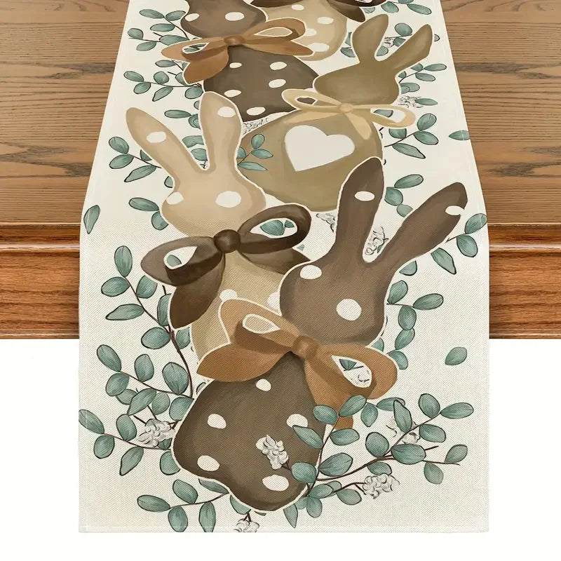 table pâques rectangle polyester fleurs lapins œufs happy easter beige blanc festive pastorale