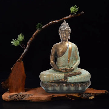 statue bouddha assise zen décoration extérieure patio bronze doré textures vieillies details sculptés
