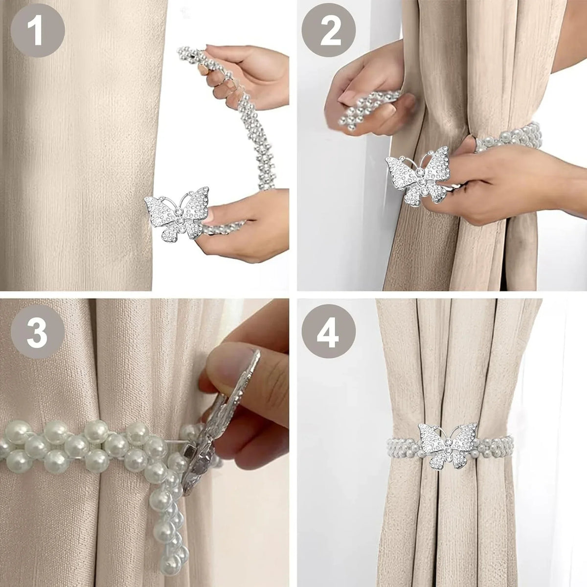 boucle rideau gris rose bleu doré papillon strassé blanches élégante décorative clip fixe