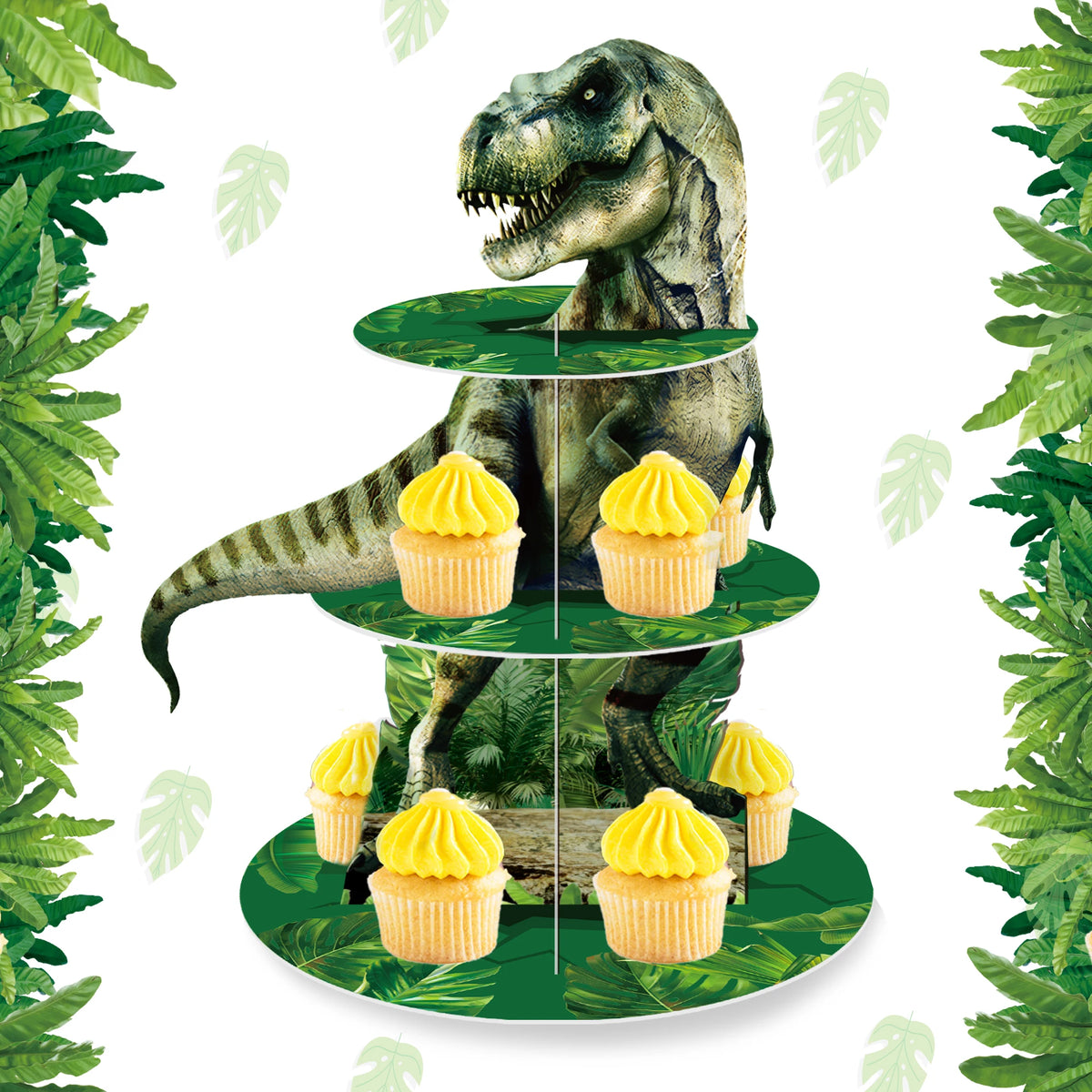 supports cupcakes dinosaures feuilles vert gris anniversaire jungle enfant thème jurassique festive occasionnels