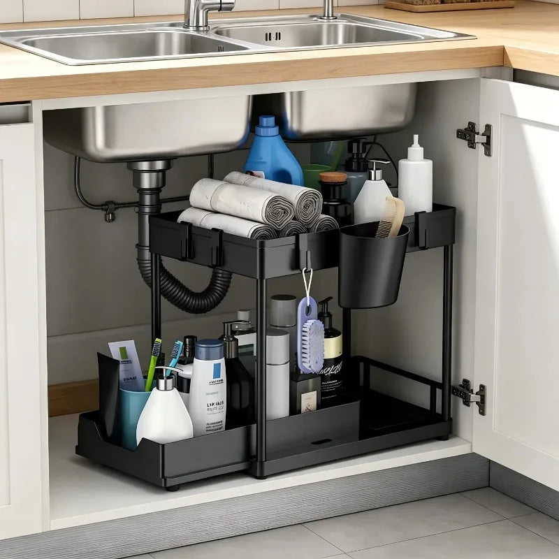 étagère rangement sous évier noire deux niveaux panier coulissant salle bain