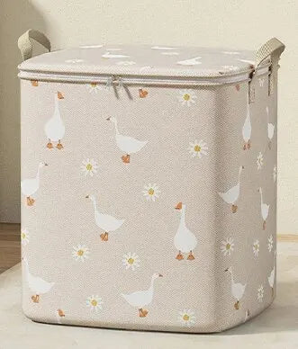 boîtes rangement bleu clair oies blanches fleurs tissu moderne pratique poignées cuir fermeture glissière