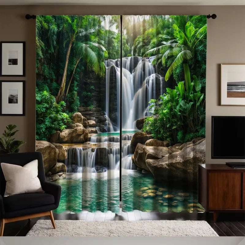 rideau imprimé jungle cascade moderne vert gris beige 100 polyester 60x150CM 75x166CM 105x230CM 130x210CM