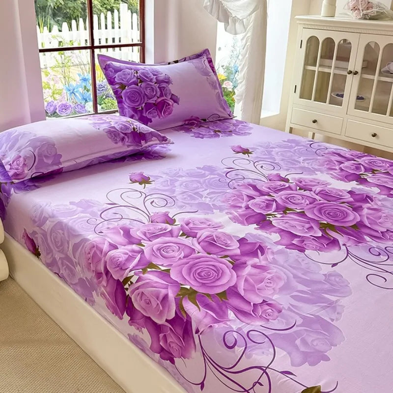 drap lit moderne violet blanc motifs roses floral taille 120x200 150x200 180x200 200x220 90x200