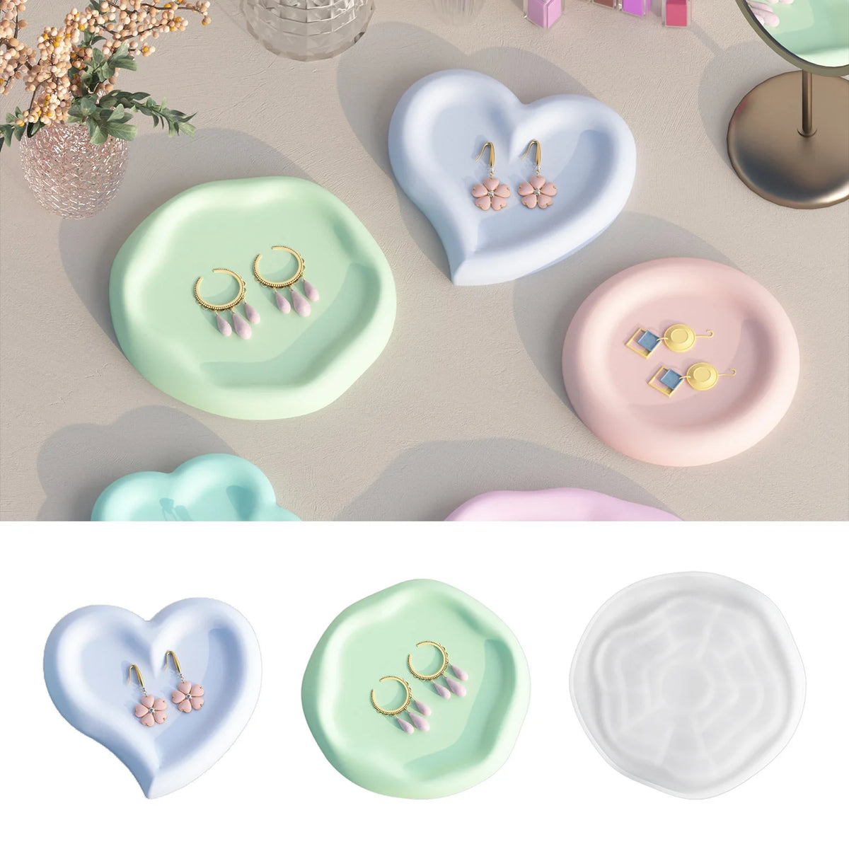 assiettes bijoux silicone géométriques modernes vert pastel blanc rose bleu pastel minimalistes