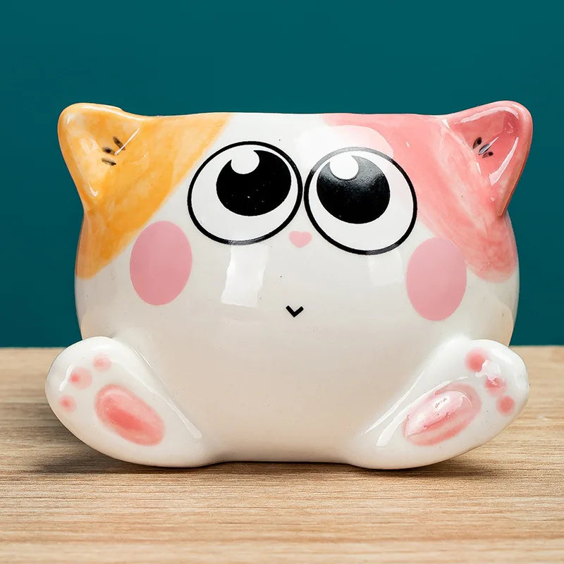 cache pot forme chat cartoon miniature deco plante verte blanc rose orange
