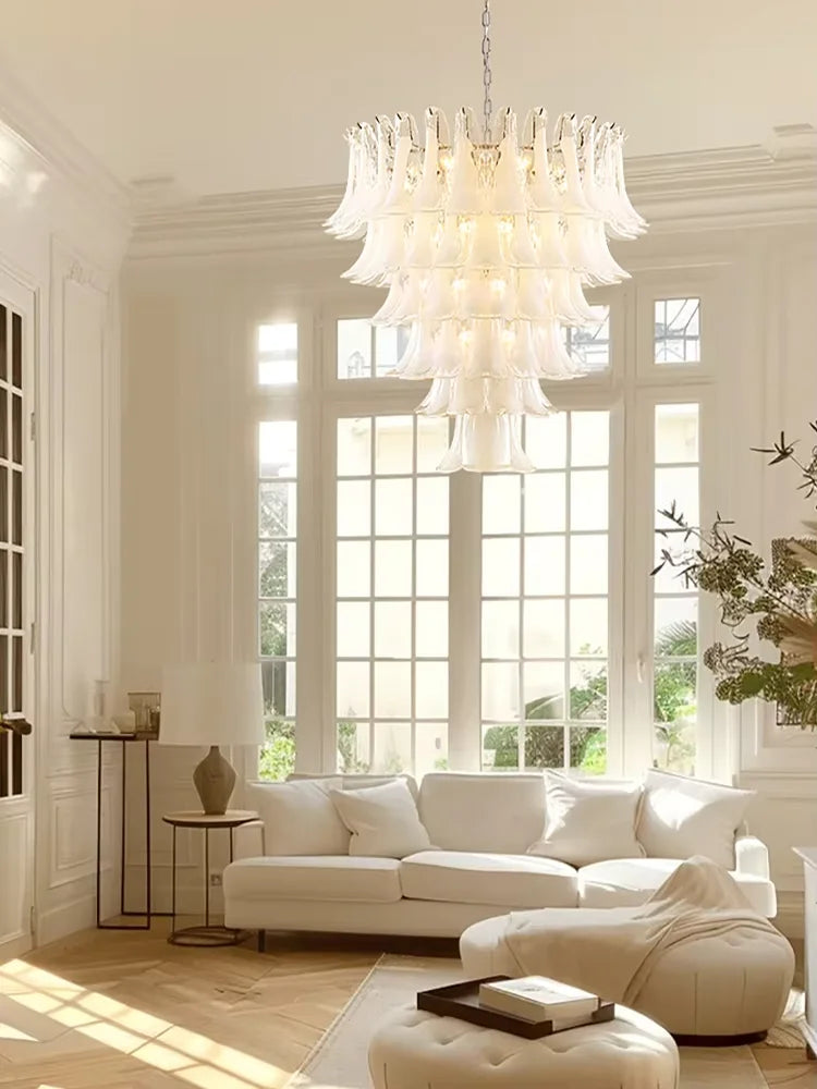 Suspension lumineuse moderne verre blanc translucide chaîne organique 50cm 60cm 80cm lumière froide naturelle