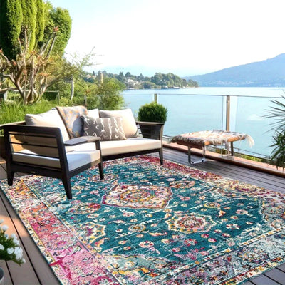 Tapis bohème rectangulaire jaune motif géométrique pour terrasse