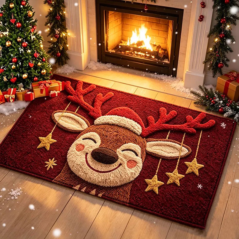 tapis sol antidérapant rennes souriants étoiles dorées extérieur entrée noël moderne rouge beige doré