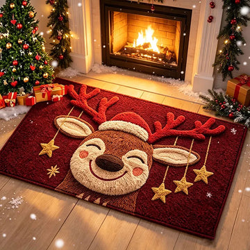 tapis sol antidérapant rennes souriants étoiles dorées extérieur entrée noël moderne rouge beige doré