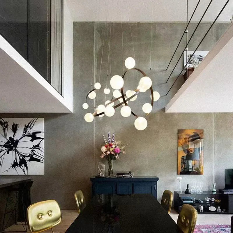 lustre suspension moderne blanc verre opalescent rond salon salle manger dimmable