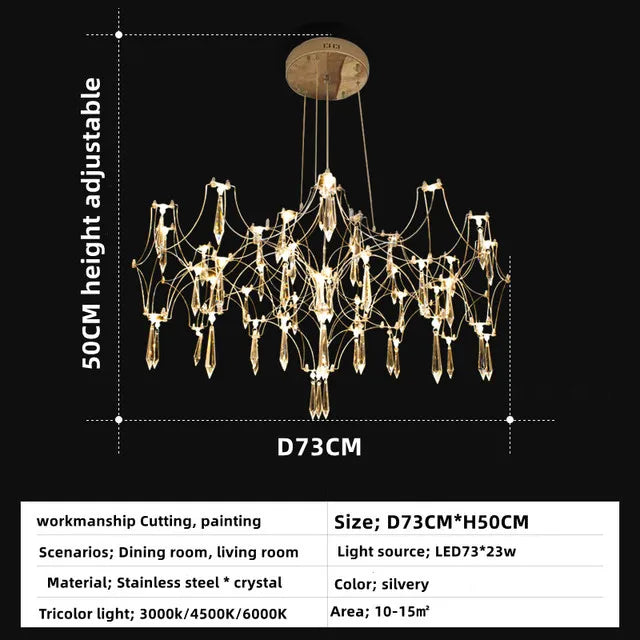 lustre moderne or cristaux transparents branches stylisées salon chambre principale