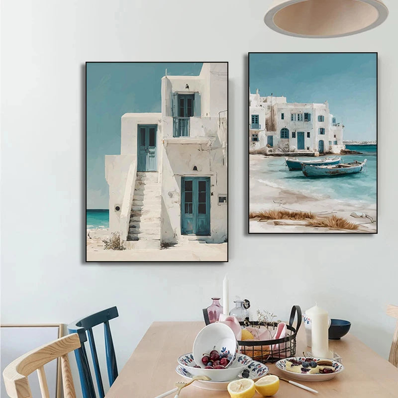 tableau peinture huile paysage village côtier santorin grèce toile décor salon mur maison