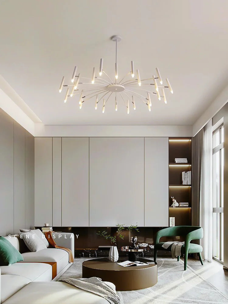 Suspension lumineuse moderne métal blanc noir branches radiales salon chambre d'hôtel