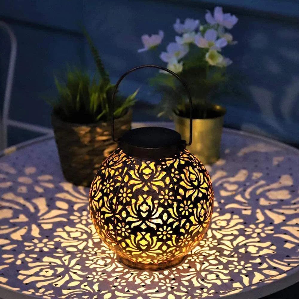 lanterne solaire extérieure led noire florale artisanale ip44 jardin camping