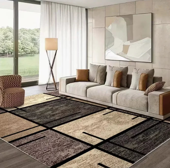 tapis moderne carreaux géométriques bleu gris noir polyester polypropylène salon chambre prière extérieur