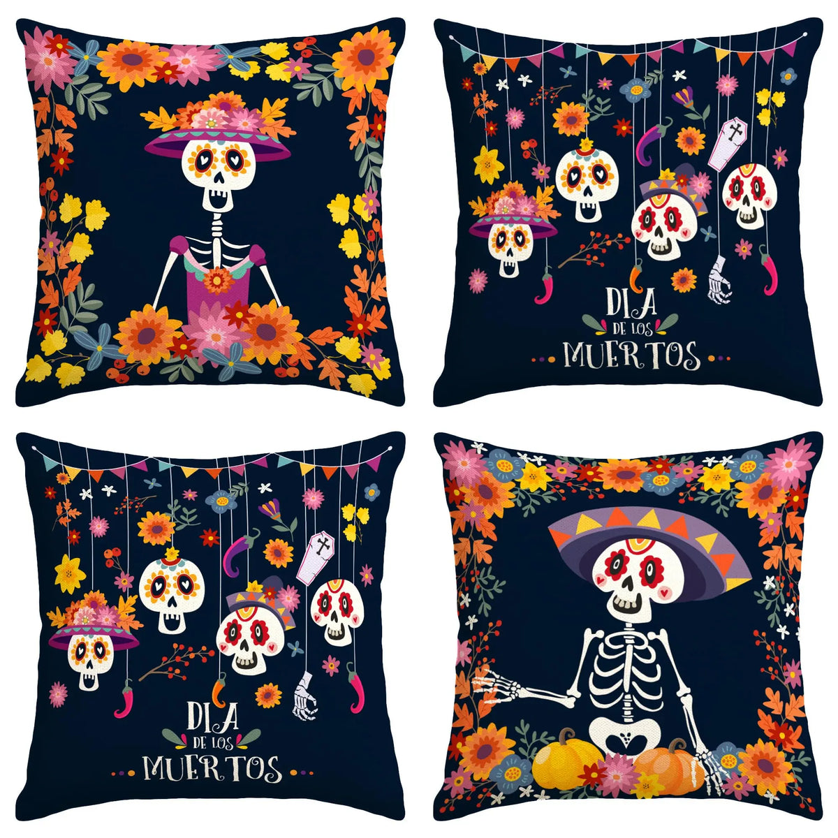 ensemble quatre taies d'oreiller décoratives crâne mexicain fleurs violet jaune folklorique maison