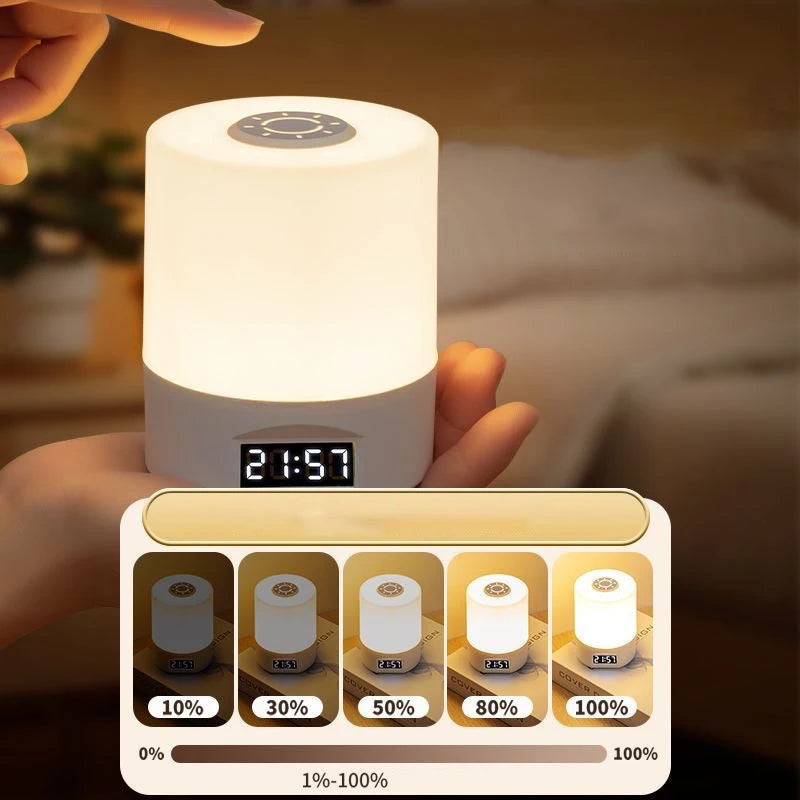 lampe chevet horloge intégrée rechargeable lumière chaude blanc moderne led tactile
