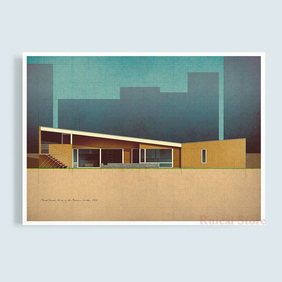 impression moderne architecture graphique toile minimaliste urbaine abstraite bleu turquoise ornemental 50x70cm