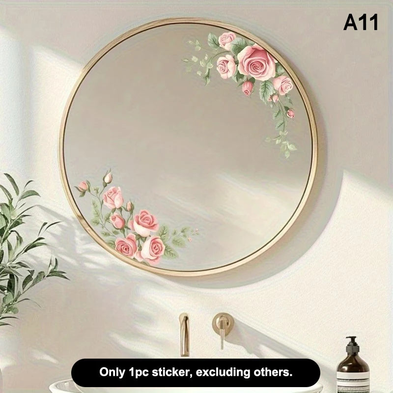 miroir adhésif moderne fleurs feuilles verte doré noir floral amovible chambre salle bain
