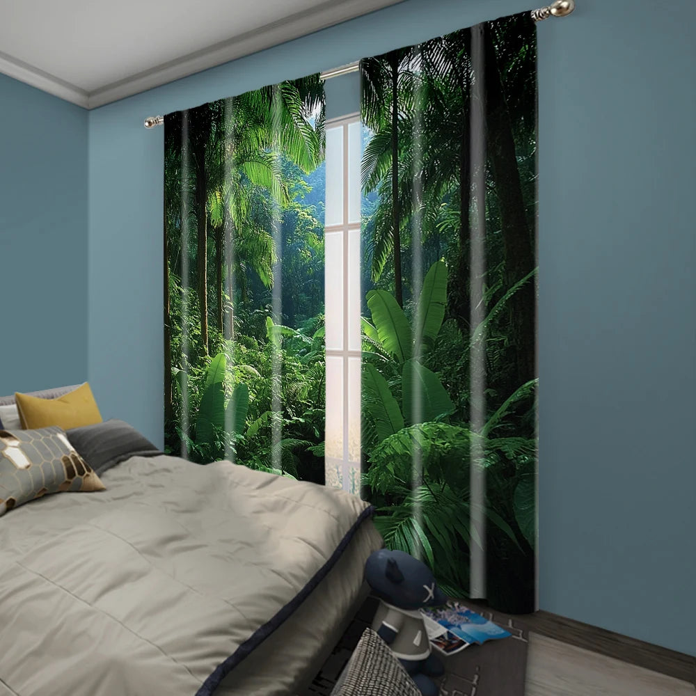 rideau forêt tropicale feuilles palmier vert noir polyester moderne opacité 75x166cm 105x230cm 130x210cm