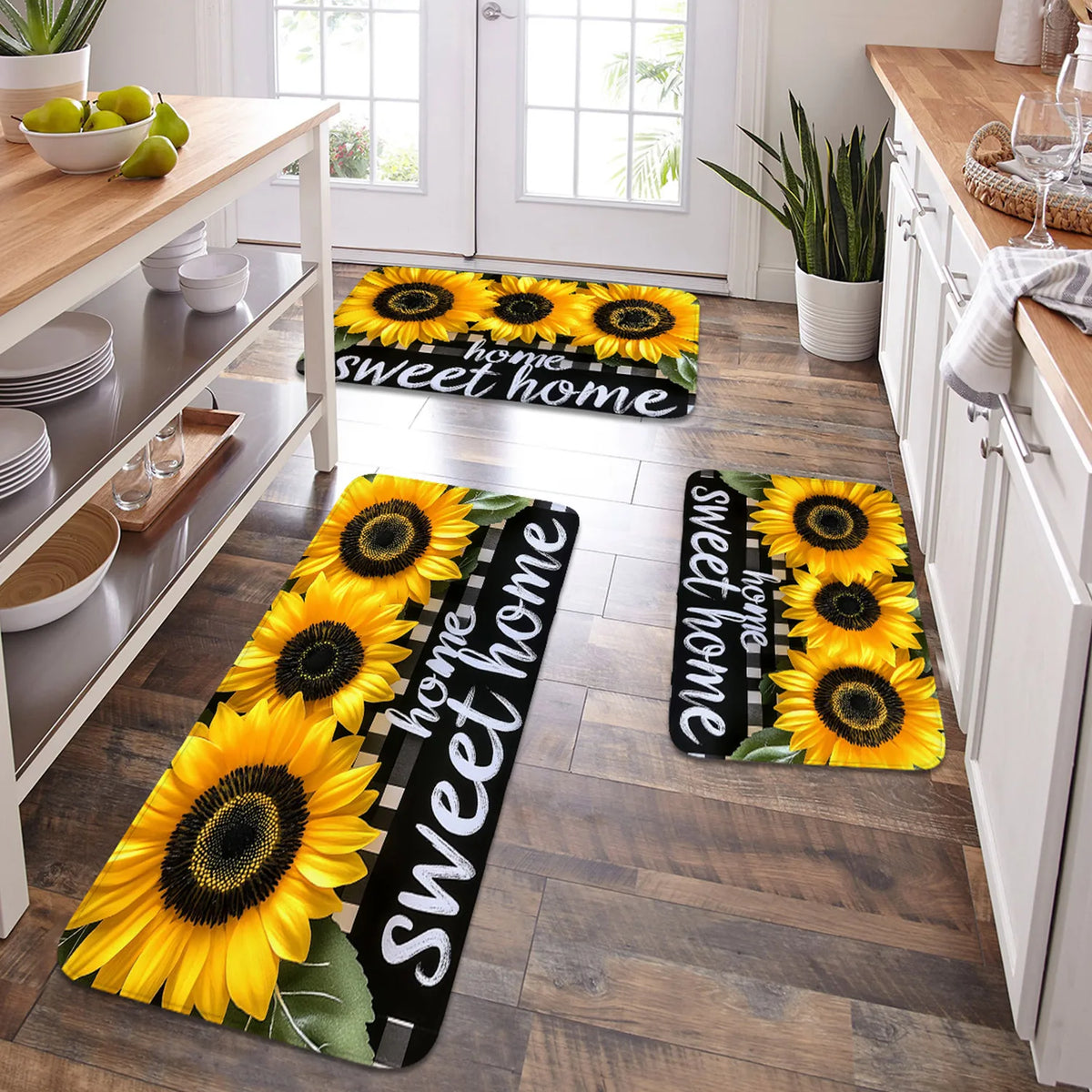 tapis fleur tournesol motif Sweet adhésif facile nettoyer noir jaune blanc salon chambre cuisine