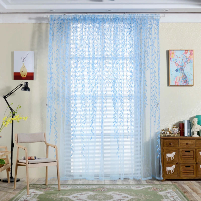 rideaux voilage feuilles stylisées vert jaune bleu violet décoratifs translucides fenêtre chambre salon