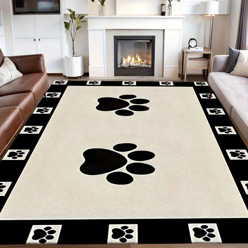 tapis sol antidérapant motif pattes chien beige noir salon chambre décoratif peluche doux moderne