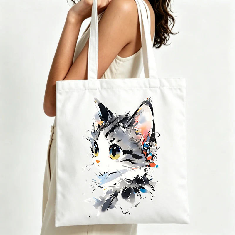 sac provisions toile chat blanc simple poignées tissu sac main décontracté