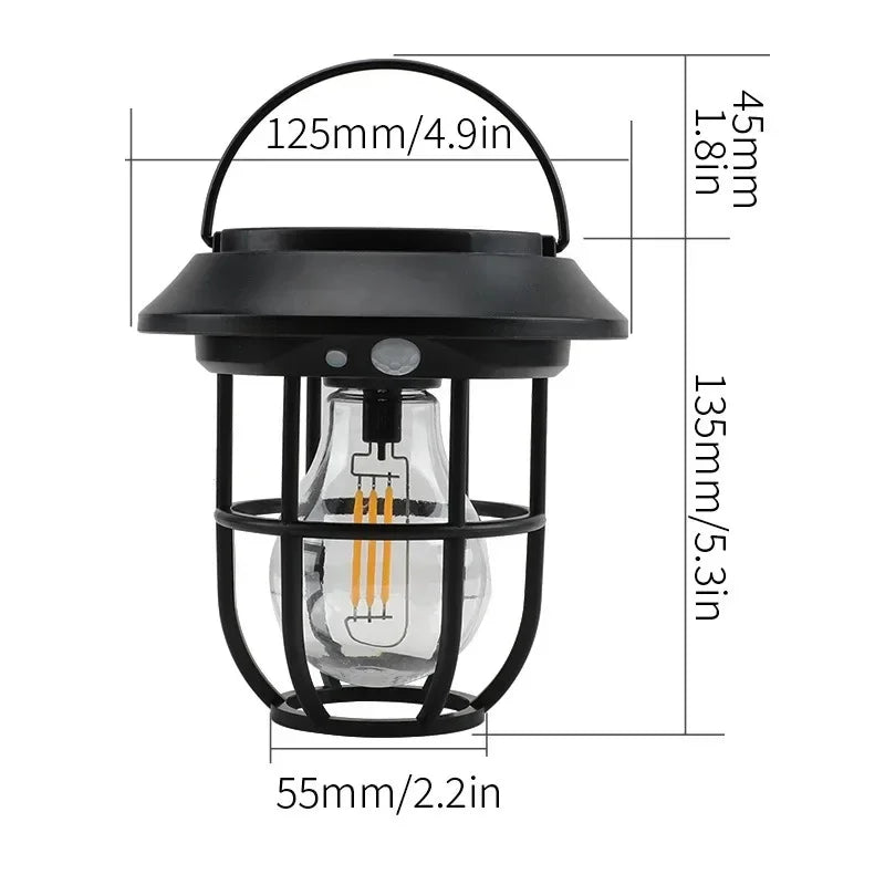 lampe camping solaire détecteur mouvement noir cage métallique vintage led autonomie extérieure