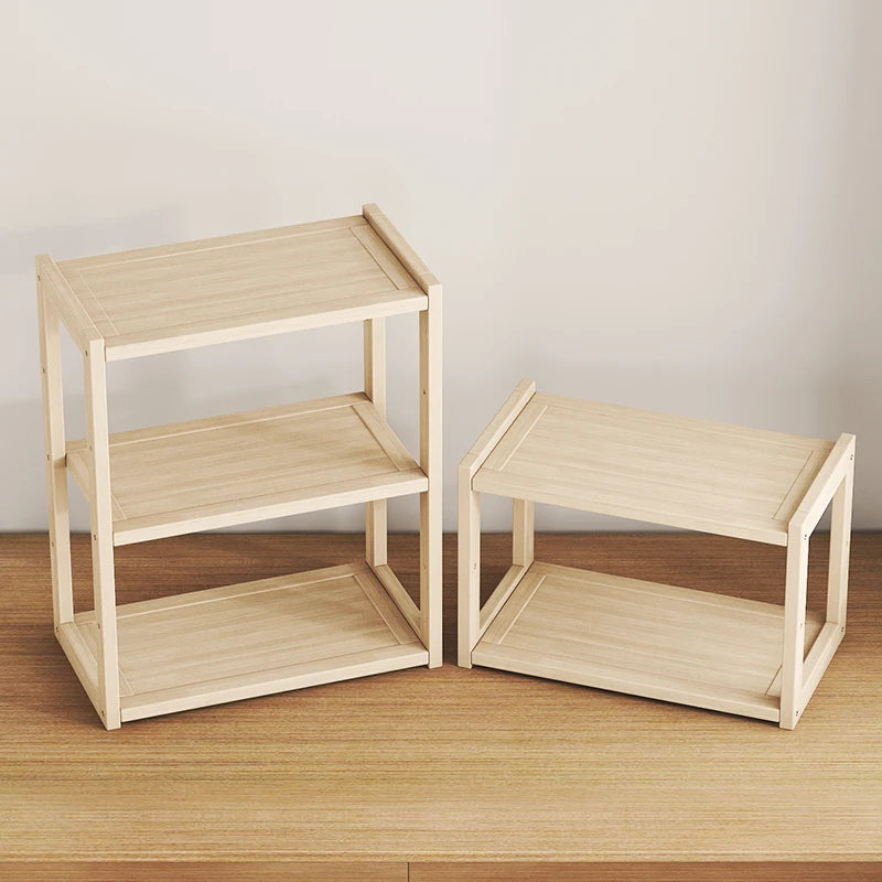 étagère trois niveaux bois clair minimaliste livres plante horloge figurine moderne