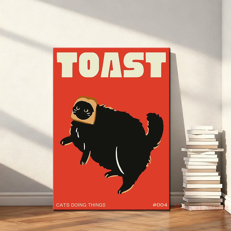 affiche murale toile chat noir toast illustration humoristique moderne décoration chambre fond rouge minimaliste