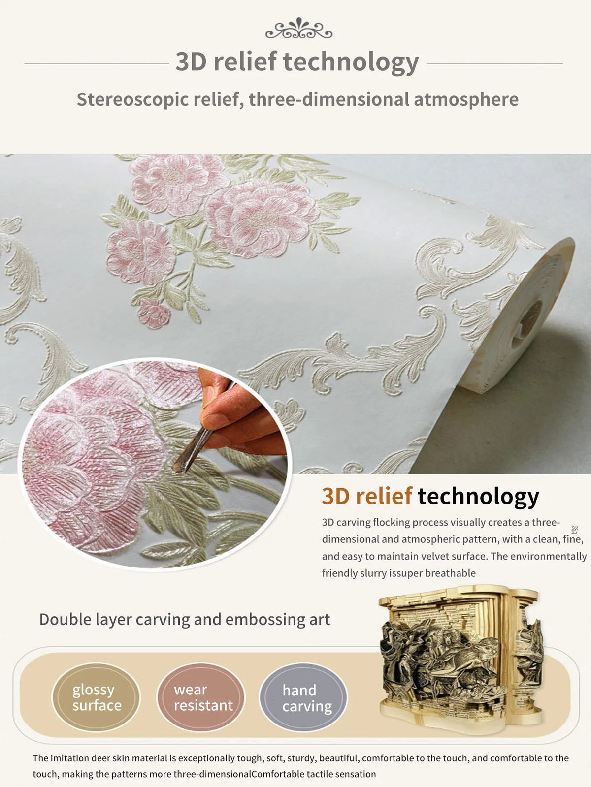 papier peint adhésif fleurs ornements floraux classique beige rose vert