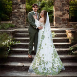 voile mariage cathédrale dentelle motif floral vert blanc élégant monocouche fixations transparent femme