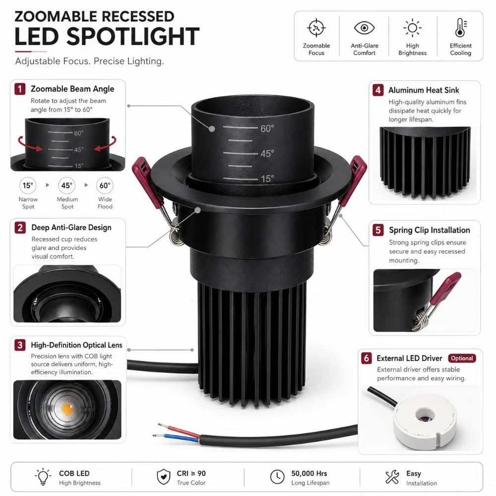 spot led noir réglable angle faisceau 15 45 60 modernes clips ressort 7w