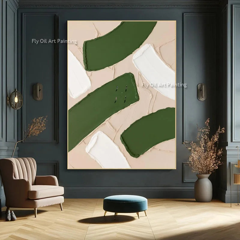 peinture l'huile abstraite contemporaine vert foncé vert clair beige lignes ondulées toile sans cadre