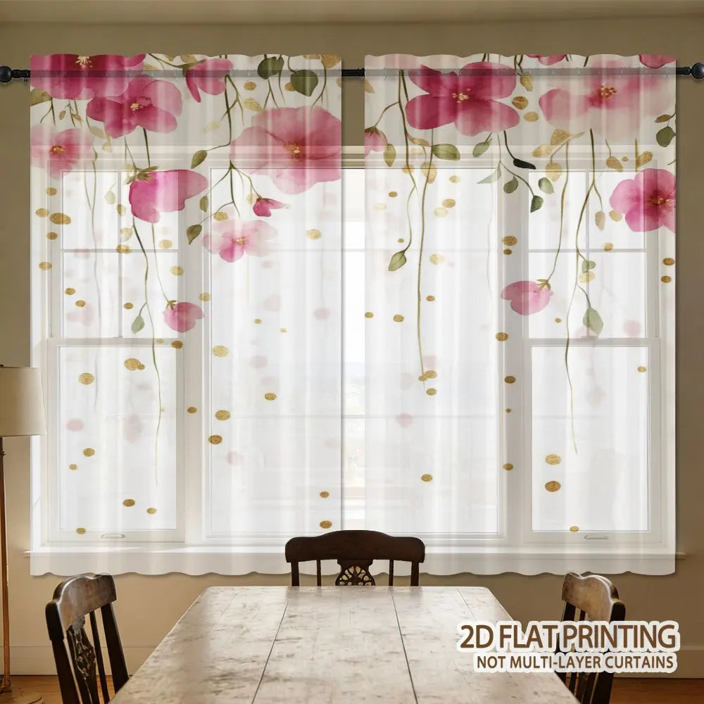 rideau transparent floral rose feuilles vertes moderne blanc doré maison