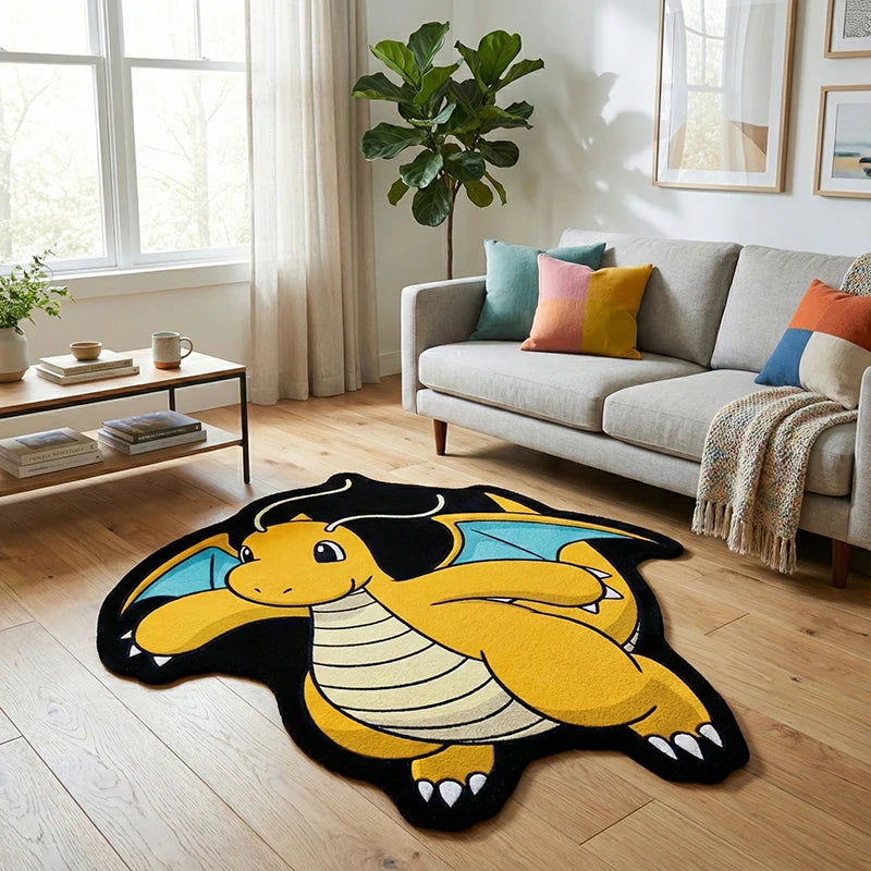 tapis dessin animé dragon jaune noir blanc bleu texture veloutée retro classic chambre salon