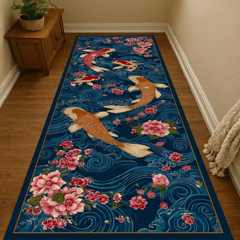 tapis poissons koi bleu doré moderne salon chambre coucher décoration extérieure