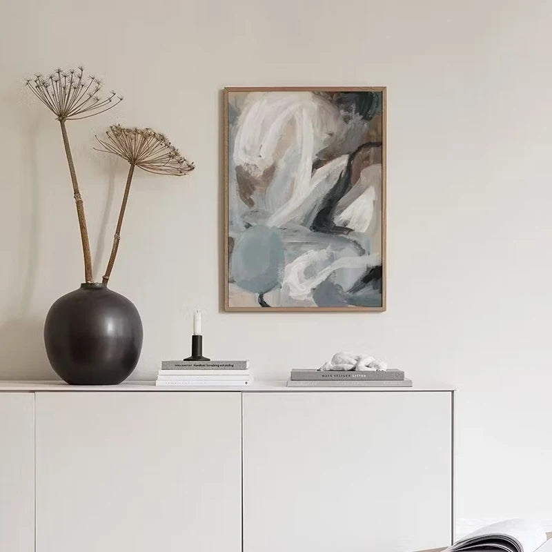 tableau toile art abstrait peinture moderne vert gris noir blanc cadre bois décoration murale