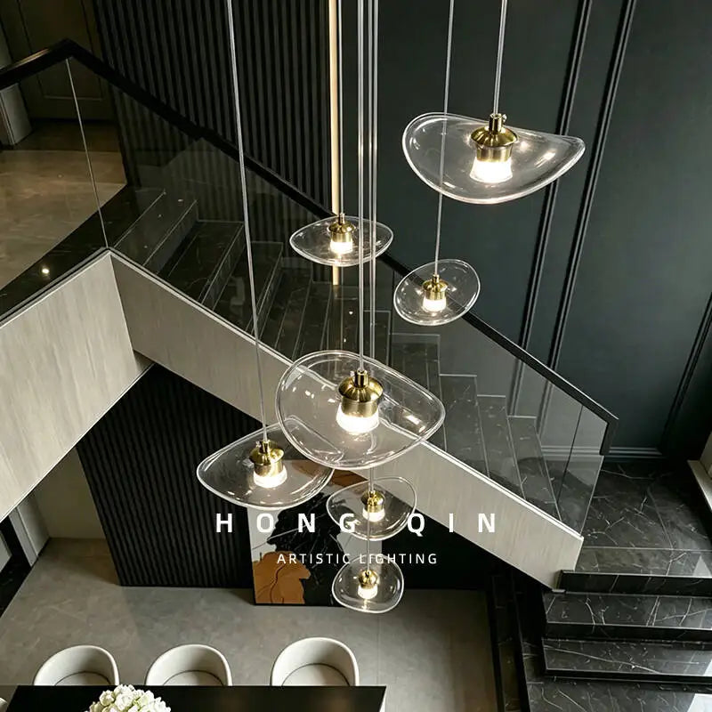 lustre suspension moderne pierre verre transparente doré hall villa loft haut